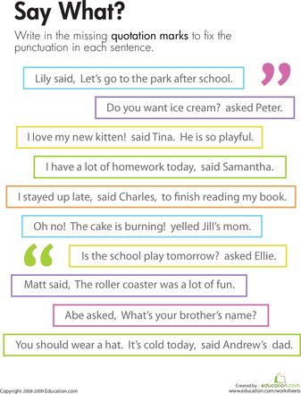 Practice with quotation marks in dialogue. This can be used as part of a dialogue lesson. Students can then write a story including dialogue for more practice. Teaching Dialogue, Punctuating Dialogue, Quotation Mark, Speech Marks, Third Grade Writing, 3rd Grade Writing, 4th Grade Writing, Third Grade Reading, Grammar And Punctuation