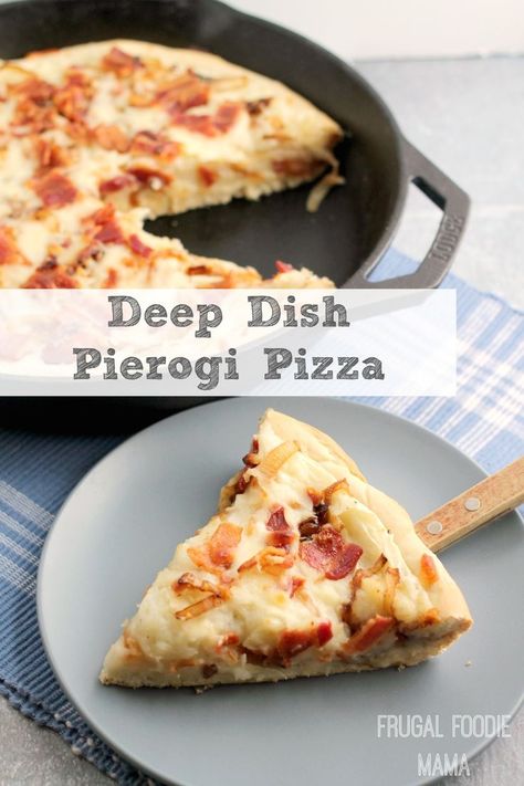 A thick, deep dish homemade crust is smothered in creamy homemade mashed potatoes, sweet caramelized onions, crispy bacon, and gooey cheese in this Deep Dish Pierogi Pizza. #FWCon Chicago Recipes, Pierogi Pizza, Dessert Pizzas, Pie Contest, Pizza Pies, Pizza Calzone, Homemade Crust, Savory Tarts, Pizza Roll