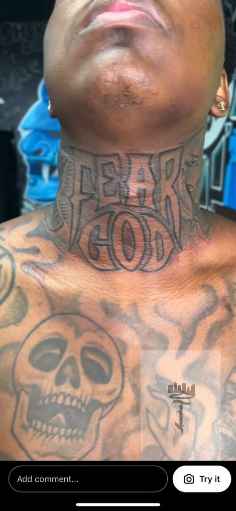 Cool Throat Tattoo Men, Trap Tattoos Men Neck, Men’s Throat Tattoo Ideas, Hood Chest Tattoo Men Ideas, Neck And Throat Tattoos Men Hood, Full Neck Tattoos For Men, Chest Piece Tattoos Mens, Throat Tattoo Men, Neck And Throat Tattoos Men