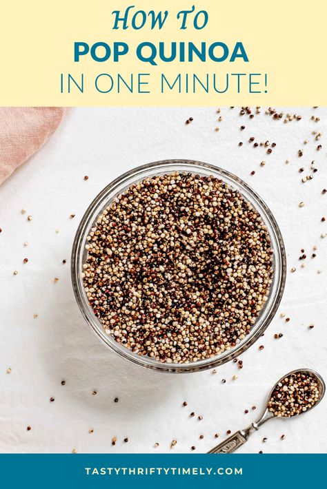 POPPED QUINOA! Have you been popping the quinoa in your pantry? Learn how to pop quinoa in ONE MINUTE! It's CRUNCHY, TOASTY, NUTTY. A delicious healthy snack, salad topper, addition to your energy bars, a crispy chocolatey treat etc! Just add the quinoa to a very hot pan and watch it pop! #tastythriftytimely #vegan #veganfood #veganrecipes #plantbasedfood #glutenfree #quinoa #poppedquinoa #puffedquinoa #quinoarecipes #quinoalover How To Make Crispy Quinoa, Crispy Quinoa Air Fryer, Popped Quinoa Crunch Bars, Quinoa Crispy Treats, How To Pop Quinoa, Quinoa Pops Recipes, Quinoa Bars Healthy, Popped Quinoa Recipes, Crispy Quinoa Salad Topping