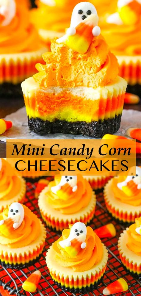 Halloween Food Desserts Easy, Halloween Desserts Candy Corn, Halloween Desserts With Candy Corn, Halloween Cheesecake Recipes, Halloween Cheesecake Bites, Candy Corn Makeup, Halloween Mini Cupcakes, Corn Cheesecake, Corn Dessert