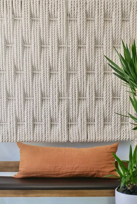 Hand-woven rope art wall panels; US-made from 95% natural materials with cotton rope. Installs as a rope art interior wall or ceiling finish. Standard 25" x 50" size can be hung vertically or horizontally. Sound dampening decor for hotels, restaurants, residences and resorts. Basketweave series in natural shown. Available in black. Rope Art Diy, Rope Art Wall, Cuadros Diy, Light Art Installation, Art Panels, Acoustic Design, Fabric Stains, Sound Dampening, Art Interior