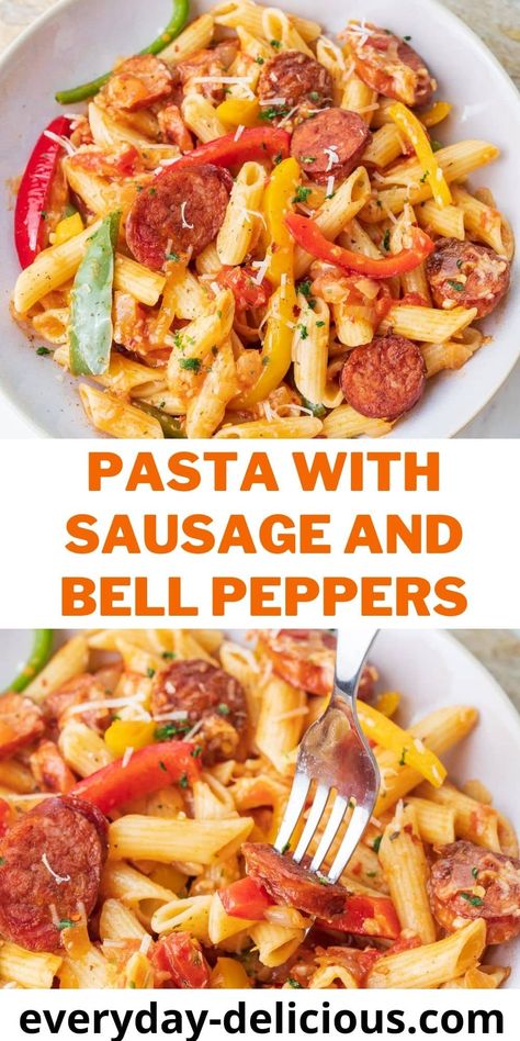 Pasta with Sausage and Peppers - Everyday Delicious Pasta And Sausage Recipes Healthy, Sausage And Pepper Orzo, Recipes With Red Pasta Sauce, Smoked Sausage Pasta Bake, Kielbasa Sausage Recipes For Dinner, Dinners With Sausage Links, Easy Dinner Recipes With Sausage Links, Leftover Sausage And Peppers, Meals With Italian Sausage Links