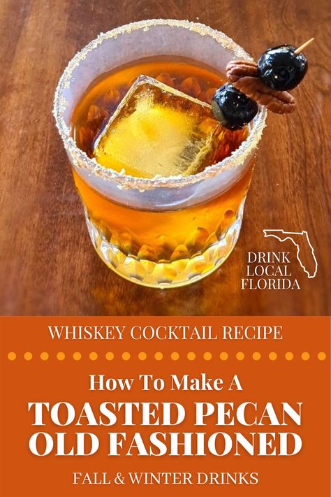 If you love pecan pie then you will love this Toasted Pecan Old Fashioned. Perfect for a fall or winter evening this twist on the classic Old Fashioned is the perfect evening drink. Use your favorite bourbon whiskey, we use the “Florida Double Cask Bourbon” from St. Augustine Distillery, "Florida Reserve" from Timber Creek Distillery or "Palm Ridge Reserve" from Palm Ridge Distillery. Enjoy and support local Florida! #oldfashioned #pecanpie #whiskeycocktail Woodford Reserve Old Fashioned, Pecan Old Fashioned Cocktail, Pecan Old Fashioned, Walnut Bitters, Pecan Syrup, Bourbon Drinks Recipes, Sangria Drink, Classic Old Fashioned, Cocktail Recipes Whiskey