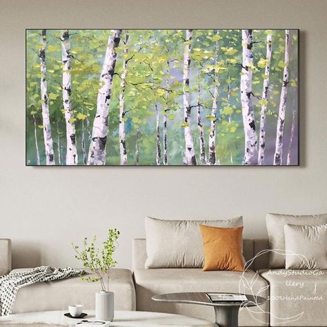 Forest Living Room, 자작나무 그림, Forest Living, Boom Kunst, Birch Tree Art, Birch Tree Painting, Grand Art Mural, Canvas Painting Landscape, Forest Painting