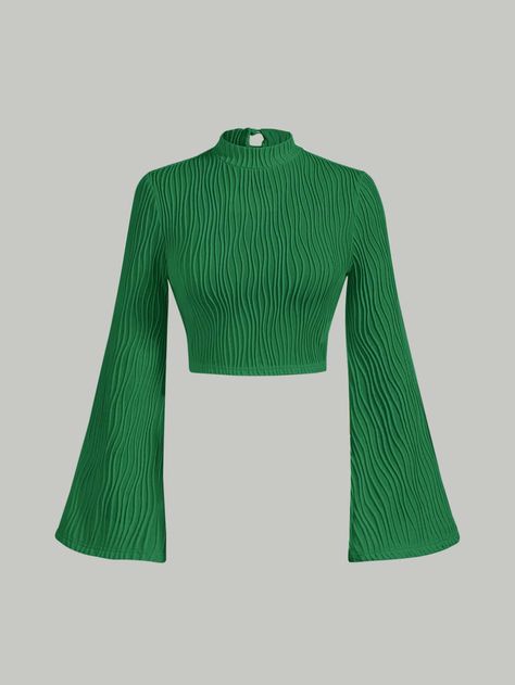 SHEIN MOD Textured Mock Neck Keyhole Back Flounce Sleeve TeeI discovered amazing products on SHEIN.com, come check them out! Green Cropped Long Sleeve, Green Long Sleeve, Flounce Sleeve, Green Top, British Indian, Sweater Jacket, Women Clothing, Mock Neck, Womens Tees