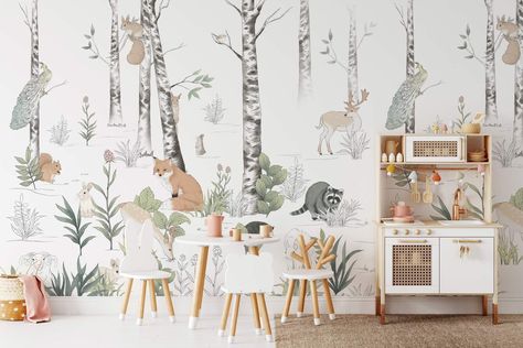 Nursery Murals & Baby Room Wallpaper Murals Home Interior Decor – Page 8 Wallpaper Woodland, Mural Landscape, Landscape Mural, Wallpaper Forest, Vintage Style Wall Decor, Paint Wallpaper, Animal Mural, Nursery Mural, Vintage Flowers Wallpaper