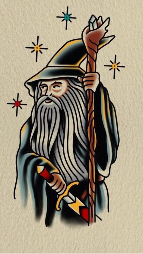 Traditional Gandalf Tattoo, Old School Lord Of The Rings Tattoo, Lotr American Traditional, Old School Tattoos Men, Lotr Trad Tattoo, American Traditional Lord Of The Rings Tattoo, Gandalf Tattoo Art, American Traditional Wizard Tattoo, Lotr Tattoo Traditional