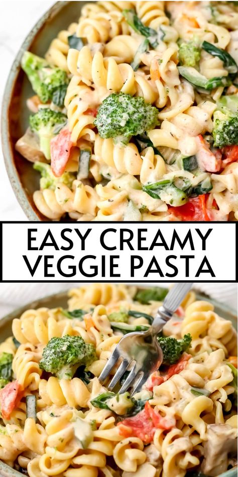 This easy, creamy veggie pasta whips up in less than 20 minutes for a satisfying vegetable-packed vegan and dairy-free meal that's pure creamy comfort food. Toss in whatever veggies you have for a simple dinner that the family will love. Works great with regular or gluten-free pasta. thehiddenveggies.com Veggie Pasta Dairy Free, Veg Packed Dinners, Veggie Filled Recipes, Creamy Chicken Veggie Pasta, Simple Pasta Recipes Vegetarian, Quick Vegan Gluten Free Meals, Pasta With Hidden Veggies, Healthy Meal Prep No Meat, Veggie Loaded Mac And Cheese