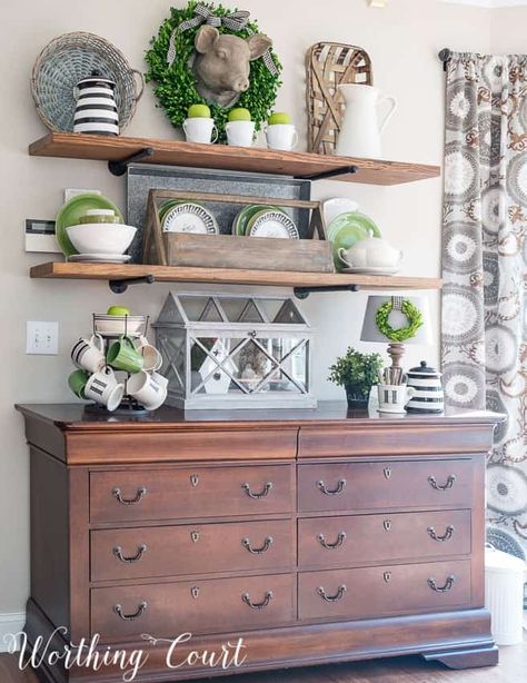 How To Get A Cohesive Look When You Accessorize Decorative Shelves | Worthing Court Farmhouse Kitchen Shelves, Industrial Decor Kitchen, Dining Room Shelves, Buffet Decor, Dining Room Remodel, Farmhouse Shelves, Dining Room Buffet, Room Shelves, Decorating Shelves