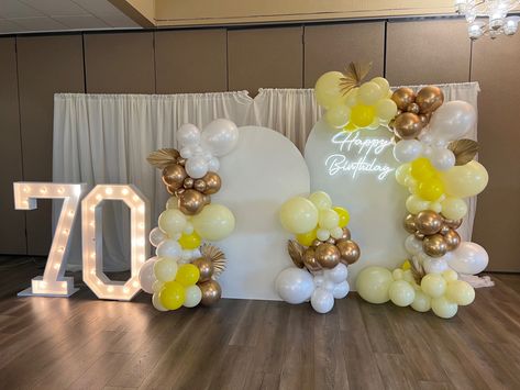 Yellow And Gold Birthday Party Ideas, Yellow And Gold Balloon Garland, White And Yellow Birthday Decorations, White And Yellow Party Decor, Yellow Birthday Decorations, Yellow Debut Theme, 73rd Birthday Party Ideas, Yellow And Silver Party Decorations, Yellow Birthday Party Ideas