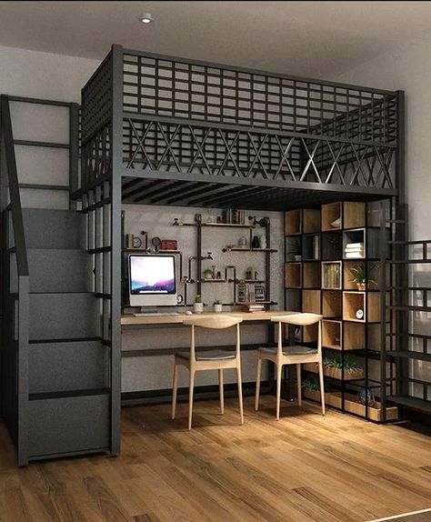 Cool Loft Beds, Loft Beds For Small Rooms, Steel Bed Design, Tiny Loft, Beds For Small Rooms, Loft Style Bedroom, Loft Bed Plans, Loft House Design, Small Room Design Bedroom