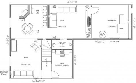 Basement plans - need thoughts, ideas, suggestions - AVS Forum Small Basement Layout Floor Plans, U Shaped Basement Layout, Long Basement Layout, Basement Plans Layout Design, Open Concept Basement Layout, Basement Blueprints Floor Plans, Finished Basement Layout Floor Plans, Basement Layout Ideas Floor Plans Design, Open Basement Layout