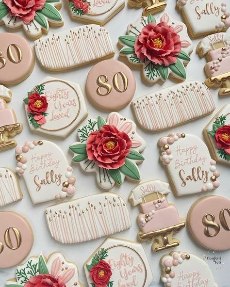 Kerstyn Lott on Instagram: "Something about this set has me smitten- the big bold florals? The pattern of the candles? The color palette? Or all of the above to celebrate Sally, a lady who has 80 years of love and stories to tell? Imagine the stories you will have to tell after 80 years…. #decoratedcookies #cookiedecorating #cookieart #cookieinspo #sugarcookies #royalicingcookies #sugarcookiesofinstagram #birthdaycookies #80yearsloved #floralcookies #dallascookies #dallasmoms #friscocookies #f 70th Birthday Royal Icing Cookies, 80th Birthday Cookies Decorated, 80th Birthday Cookies, Bday Cookies, Icing Roses, Mary Birthday, Cutout Cookie, Sugar Cookie Royal Icing, Stories To Tell