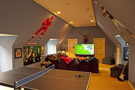 . Loft Conversion Games Room, Contemporary Game Room, Attic Game Room, Bonus Room Decorating, Garage Bonus Room, Dope Rooms, Bonus Room Design, Video Game Room Ideas, Room Above Garage