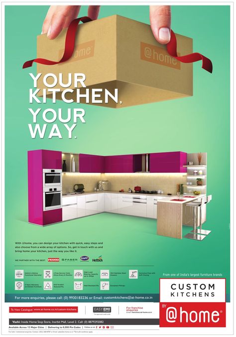 custom-kitchens-@home-your-kitchen-your-way-ad-property-times-mumbai-25-8-17 Furniture Graphic, Inmobiliaria Ideas, Digital Advertising Design, Real Estate Marketing Design, Furniture Ads, Social Media Advertising Design, Creative Advertising Design, Instagram Template Design, Graphic Design Ads