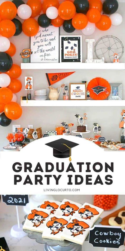 Graduation Party Ideas with DIY Balloon Arch Morgan State Graduation Party, Oklahoma State Graduation Party Ideas, Orange And White Graduation Party, Osu Graduation Party Ideas, Auburn Graduation Party Ideas, Graduation Deserts, Taylor Graduation, Asu Graduation, Diy Balloon Arch