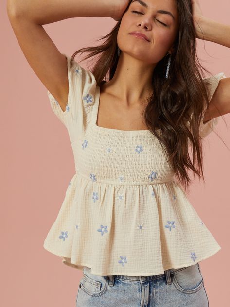 Olivia Embroidered Babydoll Top in Ivory & Blue | Altar'd State Babydoll Shirt Outfit, Altered State, Easy Hairstyles For Thick Hair, Babydoll Shirt, Fashion Capsule Wardrobe, Summer 2025, School Clothes, Fashion Capsule, Ladies Tops