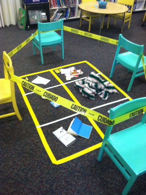 Stage a mystery in your library complete with a full crime scene! Inference Mystery Activity, Mystery Inference Activity, Inferencing Room Transformation, Detective Day At School, Library Transformation Ideas, Fun Inferencing Activities, Fun Reading Activities For 3rd Grade, Ela Activities Elementary, Steam Activities Middle School