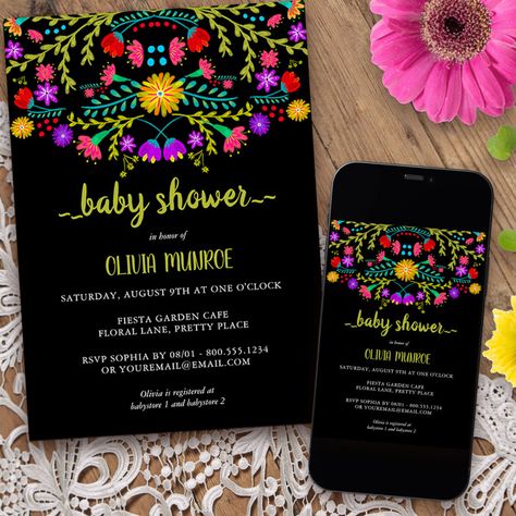 Mexican Fiesta Floral Black Colorful Baby Shower Invitation  Zazzle Day Of The Dead Baby Shower Ideas, Dia De Los Muertos Baby Shower Ideas, Mexican Theme Baby Shower Ideas, Mexican Themed Baby Shower Ideas, Fiesta Baby Shower Ideas, Mexican Folk Art Flowers, Mexican Baby Shower Theme, Baby Shower Mexicano, Heart Shaped Bouquet