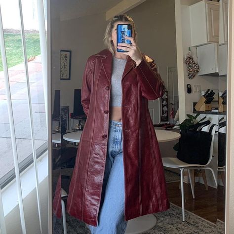 Look what I just found on Depop 🙌 https://depop.app.link/HXEqqa0RNwb Burgundy Coat Outfit, Red Trench Coat Outfit, Leather Trench Coat Outfit, Red Leather Jacket Outfit, Leather Coat Outfit, Red Leather Coat, Coat Outfit Casual, Grunge Western, Red Jackets