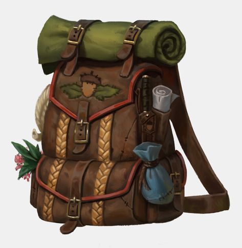 ArtStation - Item illustrations, Christina Kraus Ranger Backpack Dnd, Fantasy Travel Bag, Adventurer Backpack Dnd, Traveler Backpack Concept Art, Dnd Bag Art, Backpack Fantasy Art, Fantasy Bag Art, Dnd Backpack Art, Explorers Pack Dnd