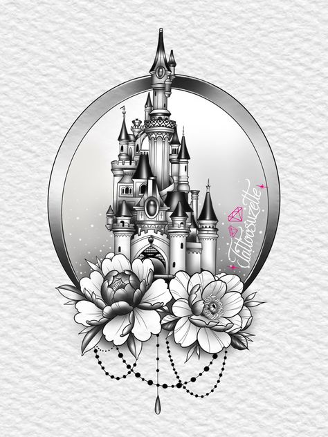 #tatouagedisney #disneytattoo #tattoodisney Disney Tattoos Castle, Castle Tattoo Design, Disney Castle Drawing, Disney Couple Tattoos, Disney Castle Tattoo, Dark Disney Tattoo, Disney Stitch Tattoo, Disney Inspired Tattoos, Book Lover Tattoo