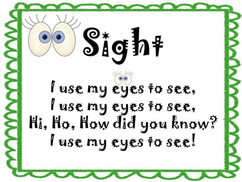 activities for sense of sight | Today I started with sight and we learned this song 5 Senses Craft, 5 Senses Preschool, Five Senses Preschool, 5 Senses Activities, Childhood Activities, Senses Preschool, The 5 Senses, My Five Senses, Classroom Songs