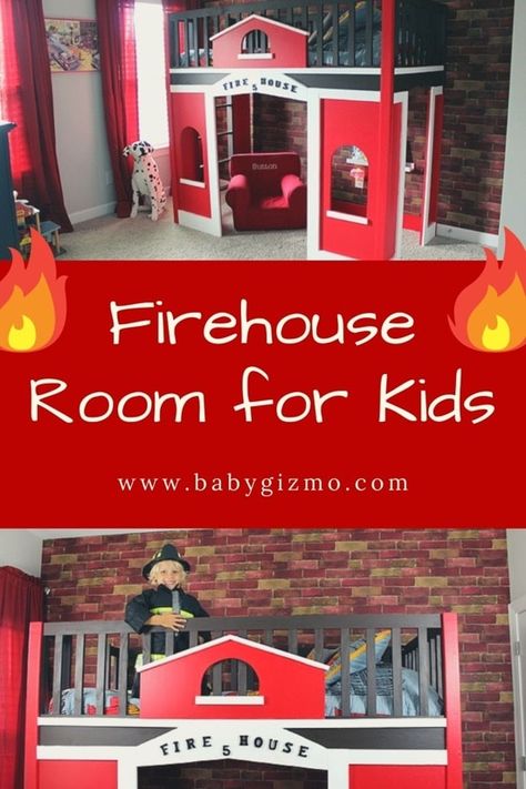 How to Create a Firehouse Room – | Baby Gizmo Fire Engine Bedroom, Fire Truck Bedroom Ideas, Fire Truck Themed Bedroom, Firefighter Bedroom Ideas Kids, Fire Truck Room Ideas Little Boys, Firetruck Bedroom Boys, Fireman Nursery, Fireman Room, Firefighter Bedroom