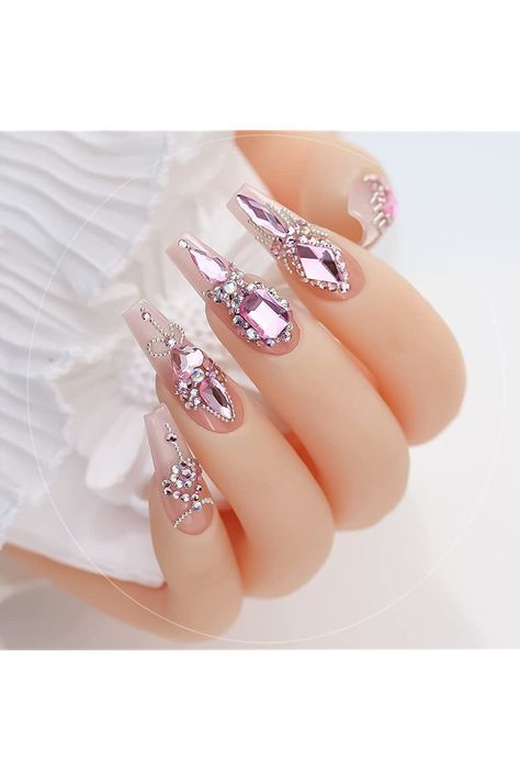 DOYIZZ Nail Art Rhinestones, Pink Crystal Nail Gems Stones, 3D Multi Shapes Flatback Nail Crystals Diamonds for Nail Design Face Craft Shoes Decor(Pink) Nail Designs With Stones Rhinestones, Stones Nails Design, Gemstone Nail Designs, Pink Nail Polish Designs, Pink Crystal Nails, Nail Stone Design Rhinestones, Nails With Gems Rhinestones, Nail Crystal Designs, Stones Nail Art