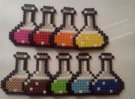 potion bottles - ORIGINALLY FROM http://www.pixelgasm-forum.com/viewtopic.php?f=2&t=4944  but poached from http://www.pinterest.com/nvfranco87/super-mario-world-perler-beads/ Conical Flask, Geeky Craft, Pixel Beads, Melty Bead Patterns, Flask Set, Fuse Bead Patterns, Potion Bottles, Perler Bead Templates, Hama Beads Patterns