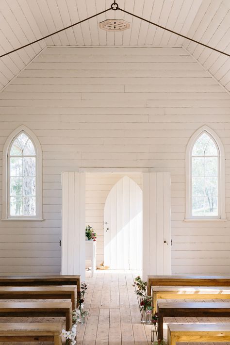 Little White Wedding Chapels In Australia Farmers Wedding, White Wedding Chapel, Wedding Chapels, Little White Chapel, Old Country Churches, Tom Collins, Wedding Chapel, Weddings By Color, White Bride