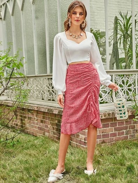 Drawstring Ruched Ruffle Hem Ditsy Floral Skirt | SHEIN USA Casual Ruched Flared Skirt, Casual Tiered Ruched Skirt, Spring Feminine Ruched Skirt, Spring Ruched Waist-length Skirt, Ruffled Skirt Outfit, Ruched Skirt Outfit, Aesthetic Hobbies, Ditsy Floral Skirt, Pink Midi-length Skirt With Ruffles