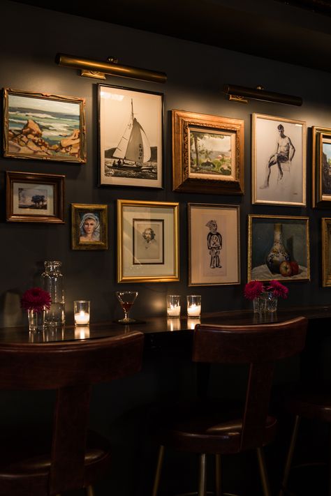 The Palladian | Interior Design - Seattle - Bar Wall Art #NICOLEHOLLIS Photo by Laure Joliet Gallery Wall Restaurant, Patent Wall Art, Speakeasy Gallery Wall, Gallery Wall Basement, Moody Bar Lounge, Diy Wall Bar, Moody Wine Bar, Speakeasy Artwork, Palladian Interior