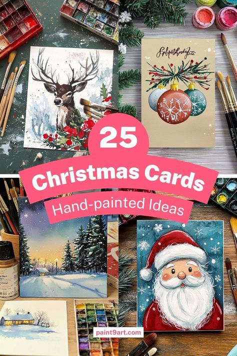 A collection of 25 hand-painted Christmas cards featuring festive designs like Santa, deer, ornaments, and snowy landscapes. Christmas Cards Handmade Acrylic, Acrylic Christmas Cards, Blue Christmas Cards, Hand Painted Christmas Cards, Watercolor Christmas Cards Diy, Painted Ideas, Christmas Cards Ideas, Handpainted Christmas Ornaments, Painted Christmas Cards