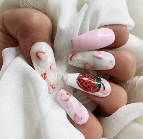 Strawberry And Cream Nails, Strawberries And Cream Nails, Strawberry And Cream, Cream Nails, Paws And Claws, Nails 2024, Spring Nail, Fruit Art, Nail Designs Spring