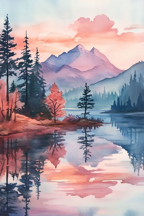 Abstract colorful watercolor for background. Watercolor Inspo Landscape, How To Watercolor Mountains, Watercolor Art Mountains, Mountain Scenery Painting, Loose Watercolor Landscape, Pastel Watercolor Painting, Peaceful Watercolor, Watercolor Mountain Landscape, Beginners Landscaping