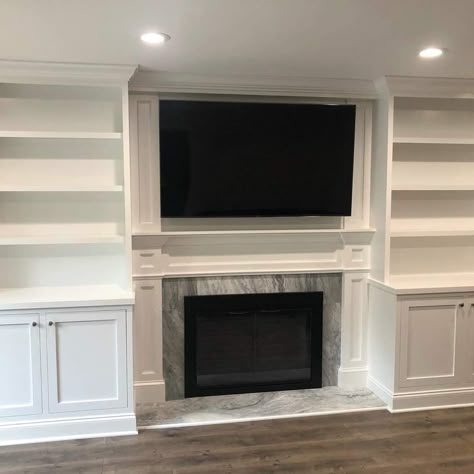 Fireplace Set Back From Built Ins, Faux Built Ins Around Fireplace, White Built Ins Around Fireplace, Recessed Fireplace With Built Ins, Fireplace Makeover With Built Ins, Built In With Fireplace, Built In Entertainment Center Fireplace, Fireplace With Cabinets On Each Side, Recessed Fireplace