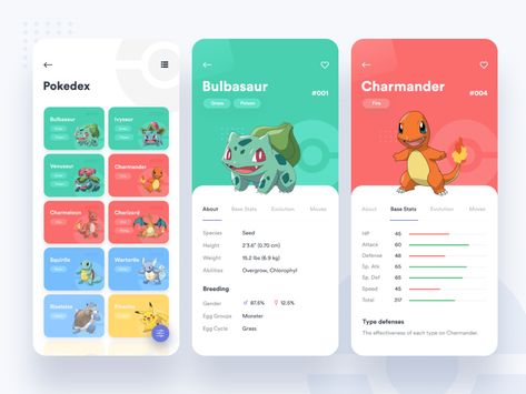 Pokedex App by Saepul Nahwan Pokedex App, Pokemon App, Pokemon Website, App Design Layout, Card Ui, Ui Ux App, App Interface Design, Game Interface, Game Ui Design