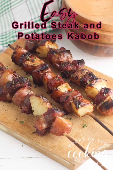 Simple to make Steak and Potato Kabobs are delicious and can be ready so quickly on the grill. Succulent and juicy steak and flavorful caramelized potatoes are perfect for any night dinner. Steak And Potato Kabobs, Potato Kabobs, Kabobs On The Grill, Grilled Kabobs, Grilled Steak Kabobs, Grilled Kabob Recipes, Steak And Potatoes, Summer Bbq Recipes, Grilling Kabobs