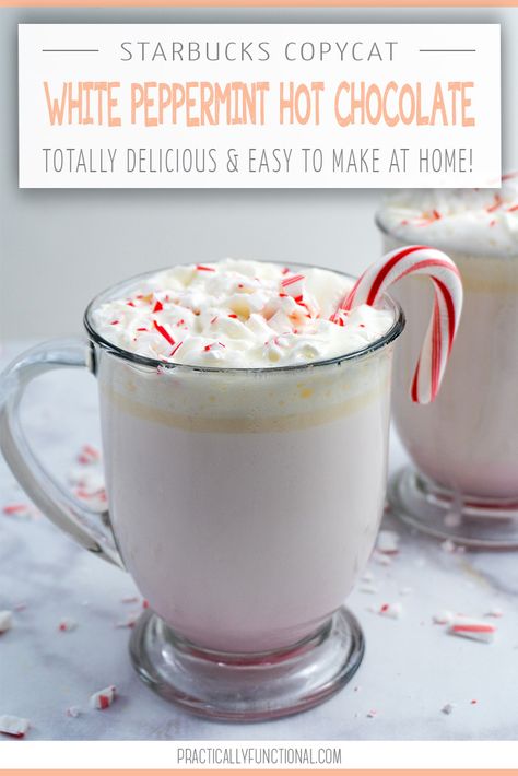 Starbucks Peppermint Hot Chocolate Recipe, Peppermint White Hot Chocolate, Peppermint Hot Chocolate Recipe, Xmas Drinks, Peppermint Treats, Starbucks Hacks, Future Chef, Peppermint White, Copycat Starbucks