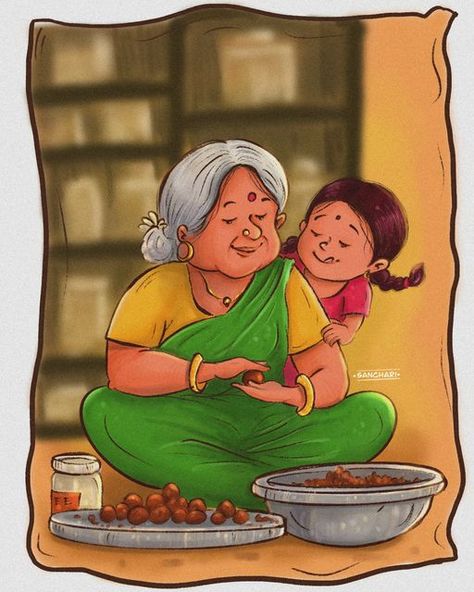 Indian Grandma Illustration, Cute Grandma Drawing, Childhood Memories Drawing, Lord Lakshmi Images, Grandma Drawing, I Lost Her, 2022 Memories, Simple Characters, Village Family