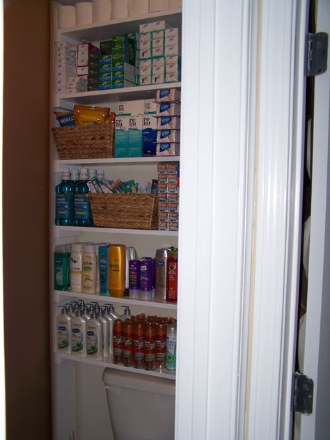 I wanted more storage for my coupon stockpile of toiletries.  Skye built this for me in our large "throne room."  Would have added a 3rd wall of shelving, but this is just a rental house.  LOVE my organization.  And it looks like I don't need shampoo for awhile . . . Stockpile Storage, Rental Updates, Stockpile Organization, Stock Pile Organization, Couponing Stockpile, Short Shelves, Makeup Storage Drawers, Stock Pile, Linen Closets