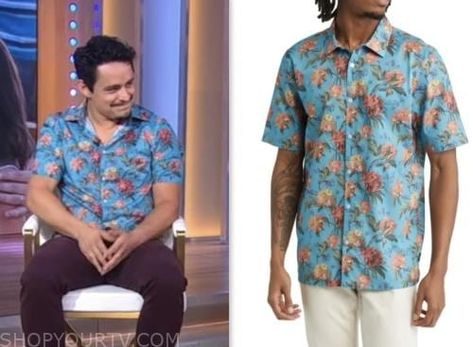 Good Morning America: June 2023 Jesse Garcia's Blue Floral Camp Shirt Jesse Garcia, America Outfit, Black Print Dress, Grey Vest, Ribbed Shorts, Camp Shirt, Good Morning America, Camping Shirt, Ribbed Sweater