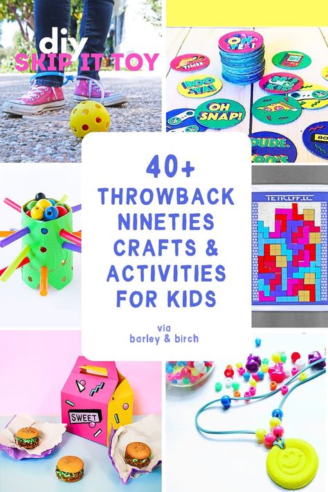 Over 40 of our favorite 90s crafts and activies for kids and parents! From DIY 90s toys and games you can make yourself to 90s movie night ideas and 90s-inspired snacks. Tons of throwback fun for 90s day at school, spirit weeks, or just a little old school entertainment at home! | from barley & birch 90s Day At School, 90s Crafts, 90s Day, Activies For Kids, Spirit Weeks, Movie Night Ideas, Movie Crafts, Retro Crafts, Crafts And Activities For Kids