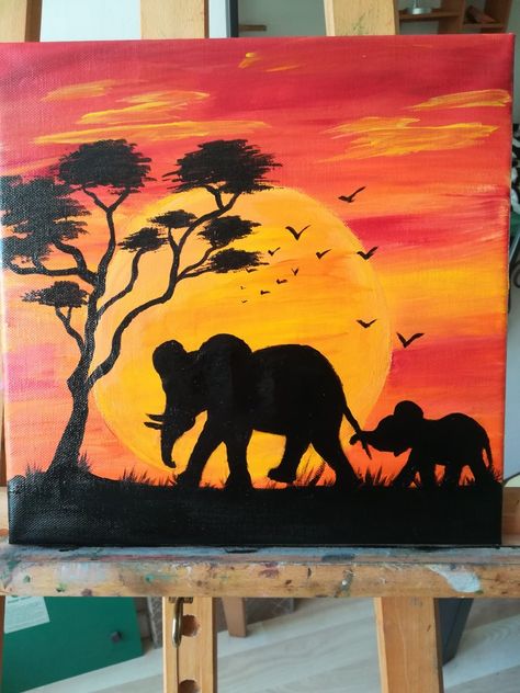 Elephant Sunset Painting, Step By Step Elephant Painting, Animal Art Acrylic, How To Paint An Elephant On Canvas, Safari Painting Canvases, Elephant Silhouette Painting, Painting Ideas On Canvas Elephant, Elephant Painting Easy, Elephant Painting Simple