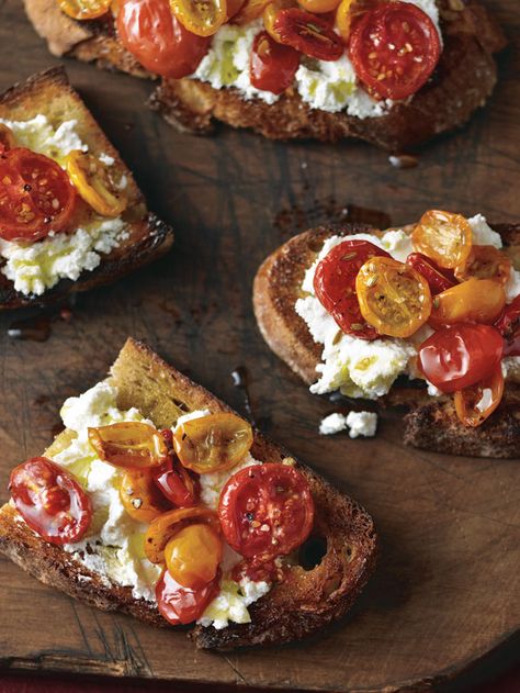 Caramelized Tomato and Ricotta Bruschetta | Williams Sonoma Taste Ricotta Bruschetta, Slow Roasted Tomatoes, Tomato Bruschetta, Bruschetta Recipe, Roasted Cherry, Roasted Cherry Tomatoes, Tomato Recipes, Williams Sonoma, Mac And Cheese