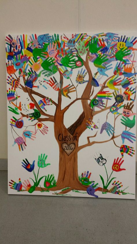 Group Handprint Art Class Projects, Classroom Handprint Poster, Friendship Tree Preschool Hand Prints, Hand Print Mural, Hand Tree Craft For Kids, Handprint Mural, Tree Painting On The Wall, Handprint Tree, Class Tree