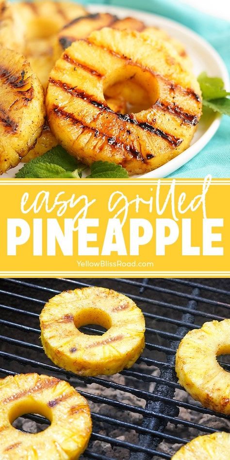 Grilled pineapple has a simple sweet glaze that transforms fresh pineapple slices into a side dish or dessert with 4 ingredients and 15 minutes! Grilled Pineapple Recipe, Grilled Side Dishes, Pineapple Recipe, Cookout Sides, Grilled Chicken Kabobs, Sweet Glaze, Grilling Sides, Grilled Fruit, Bbq Bacon