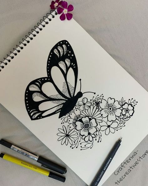 Butterfly Drawing Inspiration, Creative Butterfly Drawings, Line Work Drawing Simple, Butterfly Art Work, Beautiful Butterflies Art Drawings, Buterfluffy Art Drawing, Distorsi Art, Mandala Drawing Butterfly, Art Sketches Butterfly